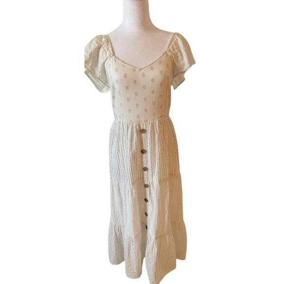 NAOO Nation Ak White Maxi Dress Peasant Boho Eyelet Tiered Shimmer Size M - Picture 7 of 8